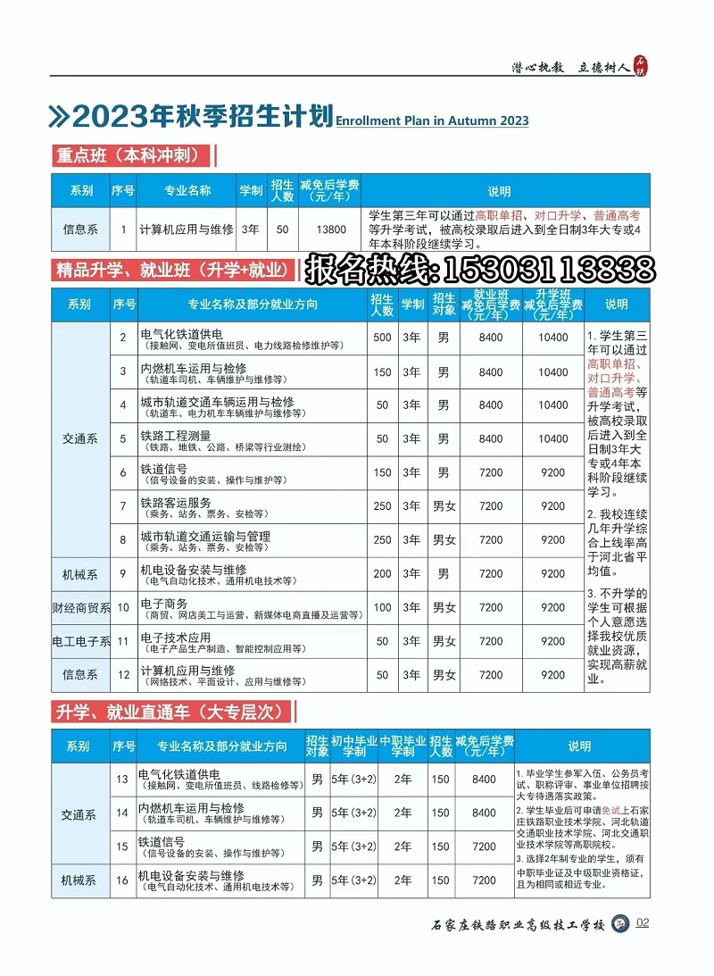 石家庄铁路职业高级技工学校2023年秋季招生简章（图）